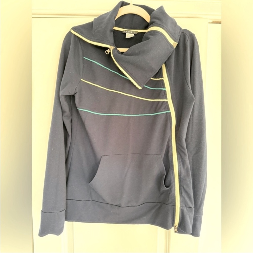 VENUS Navy Blue Track Jacket Sweatshirt EUC Tracksuit Asymmetrical Full Zip Up - Picture 3 of 7